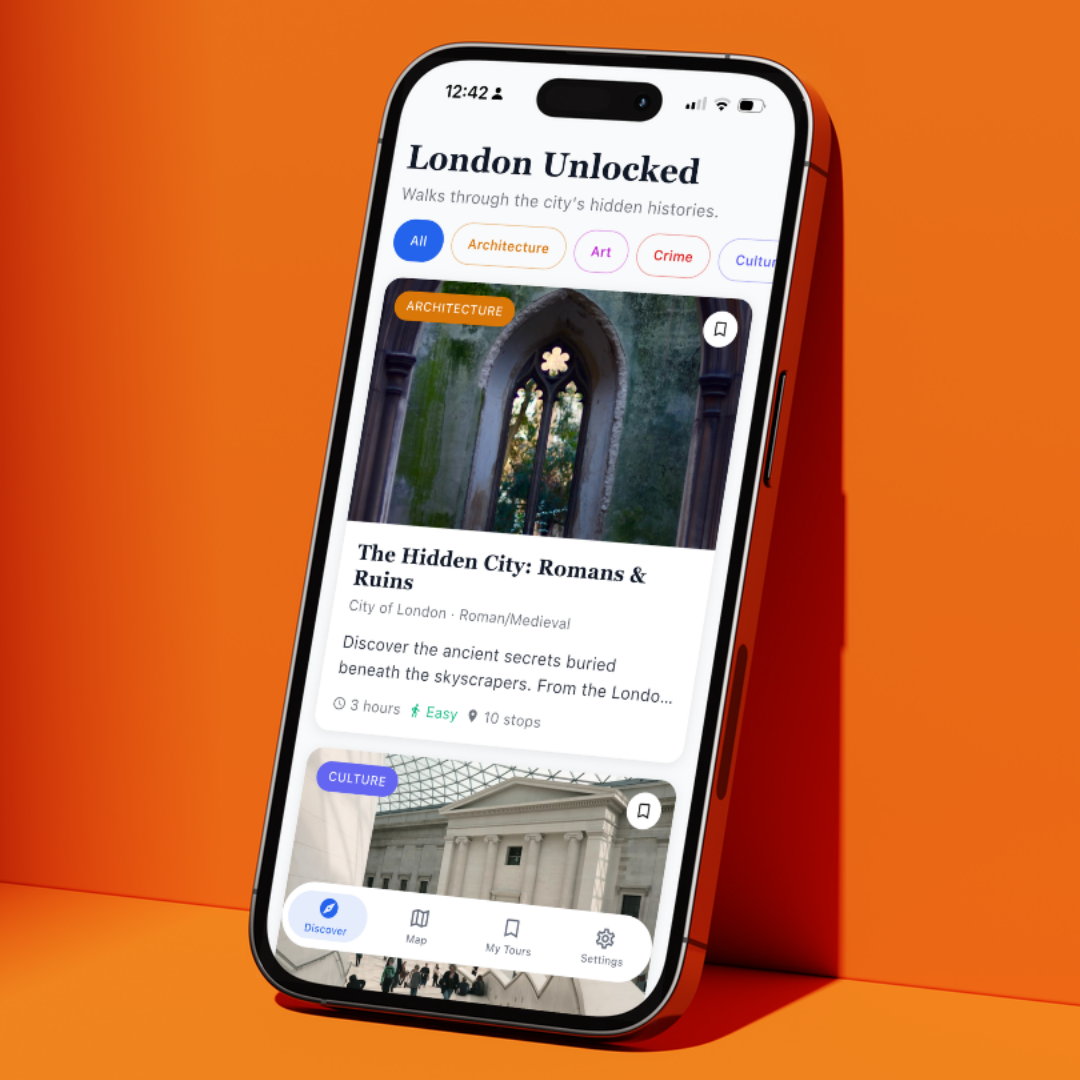 London Unlocked app showing a walking tour route in central London