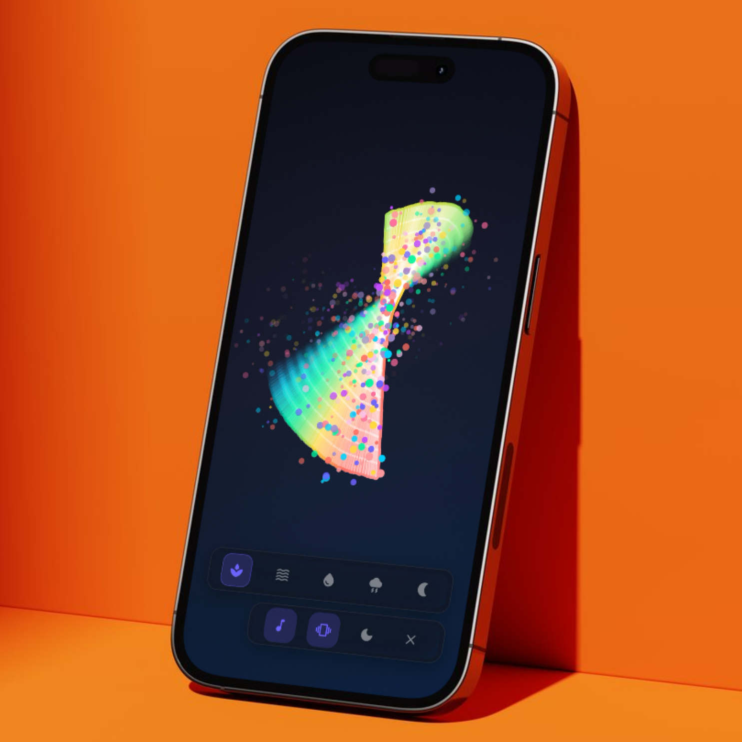 Stim app showing colourful visual trails and particle effects on a dark background